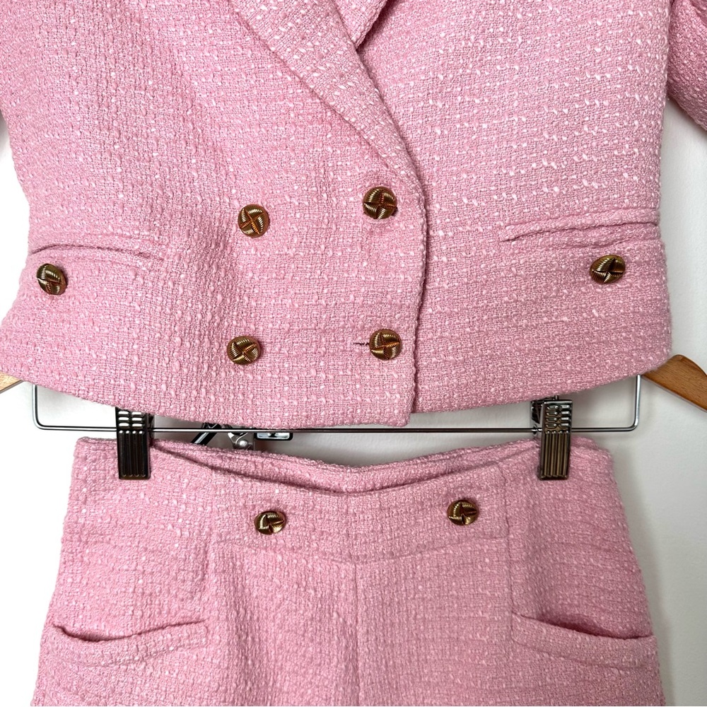 Baby Pink Cropped Tweed Short Sleeve Double Breasted High Rise Shorts Co-Ord Set - Picture 4 of 12